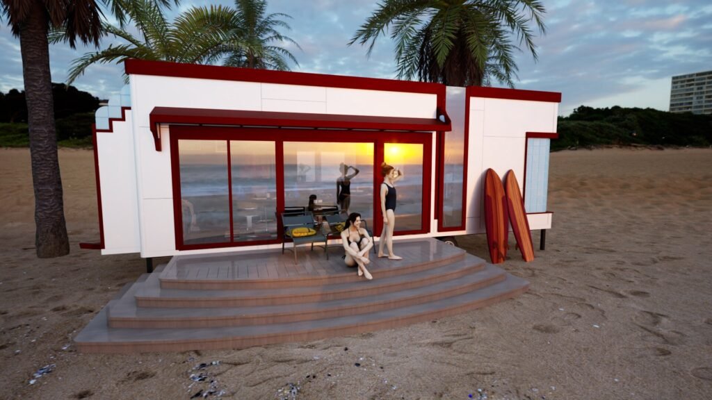 Render of a post modern tiny home on wheels in a beach setting.